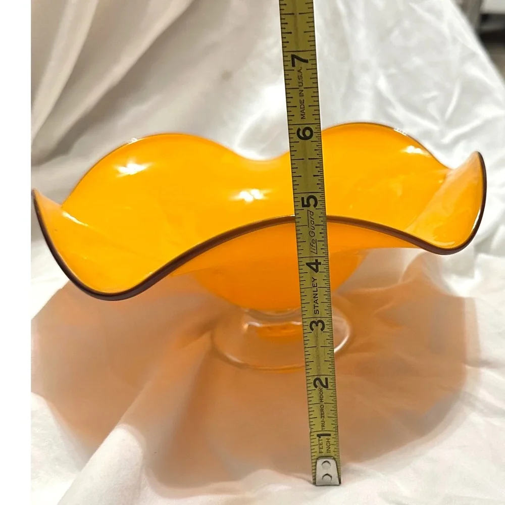 Teleflora Gift Art Glass Bowl Orange Ruffled Handkerchief Pedestal EXCELLENT 10i